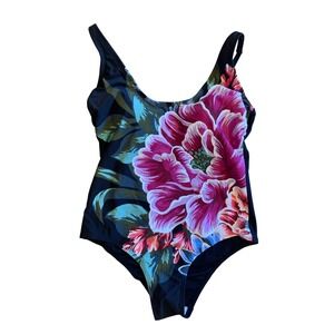 NEW Kona Sol Resortwear Floral One Piece Swimsuit Black Pink Med Coverage Large